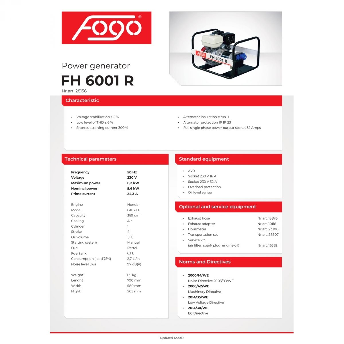 FOGO FH 6001 R agregat otvoreni monofazni