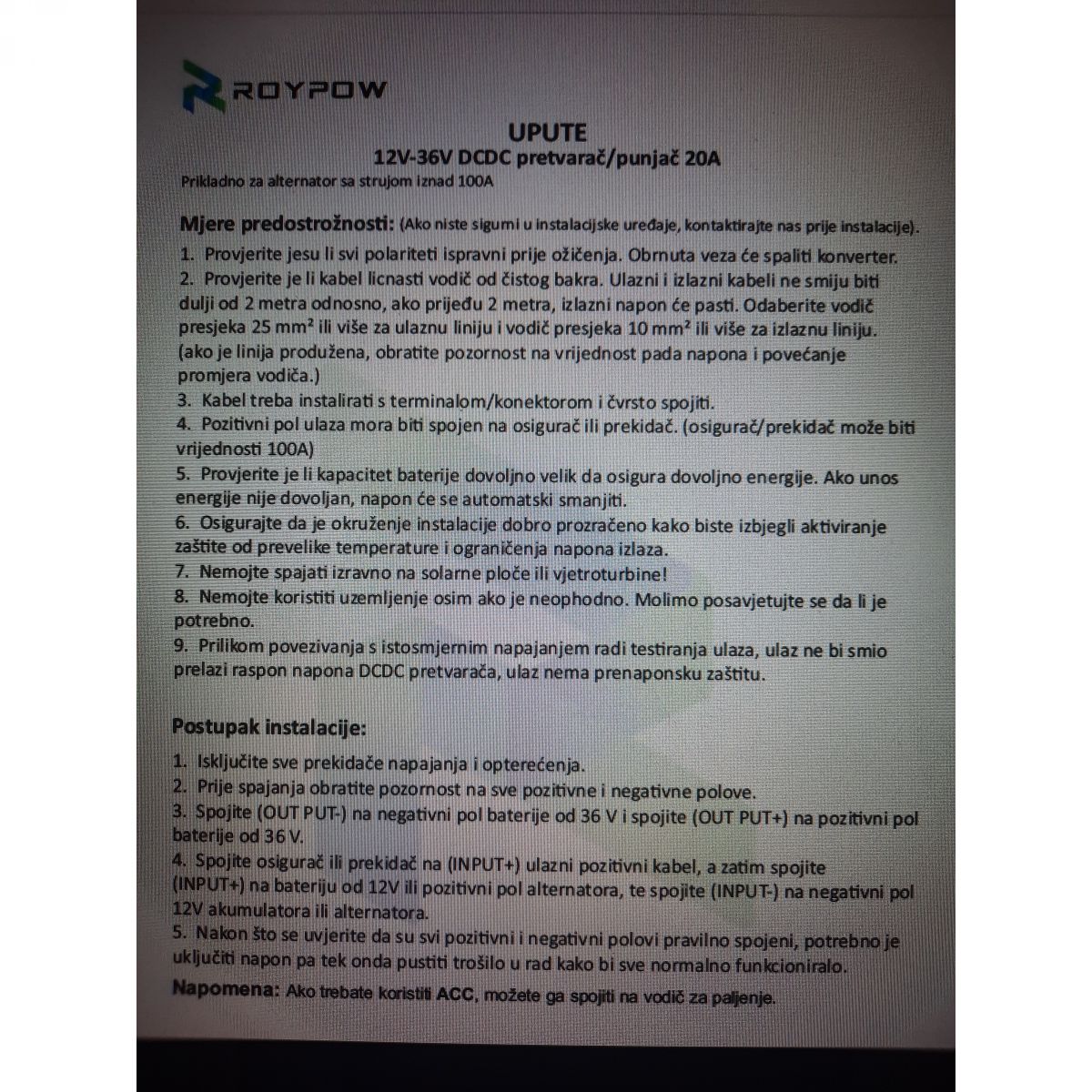 RoyPow DC-DC punjač LifePo4 baterija 12-36V 20A